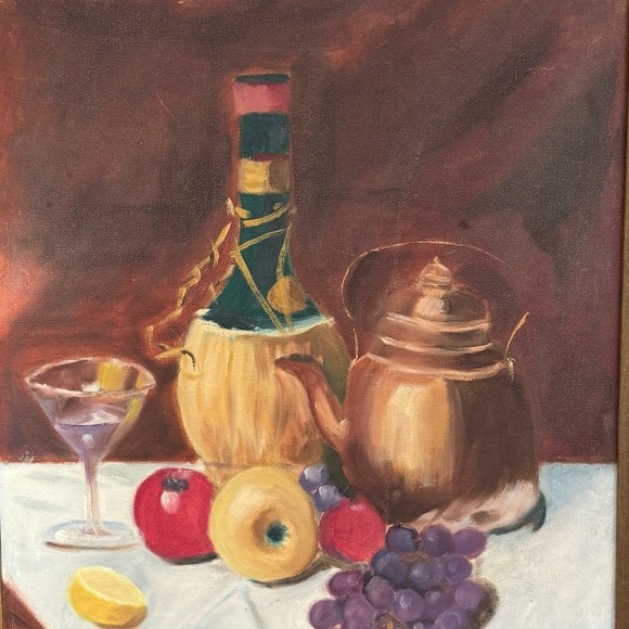 Vintage 1989 Still Life Painting Fruit and Italian Wine Decanter & Kettle - Picture 11 of 13